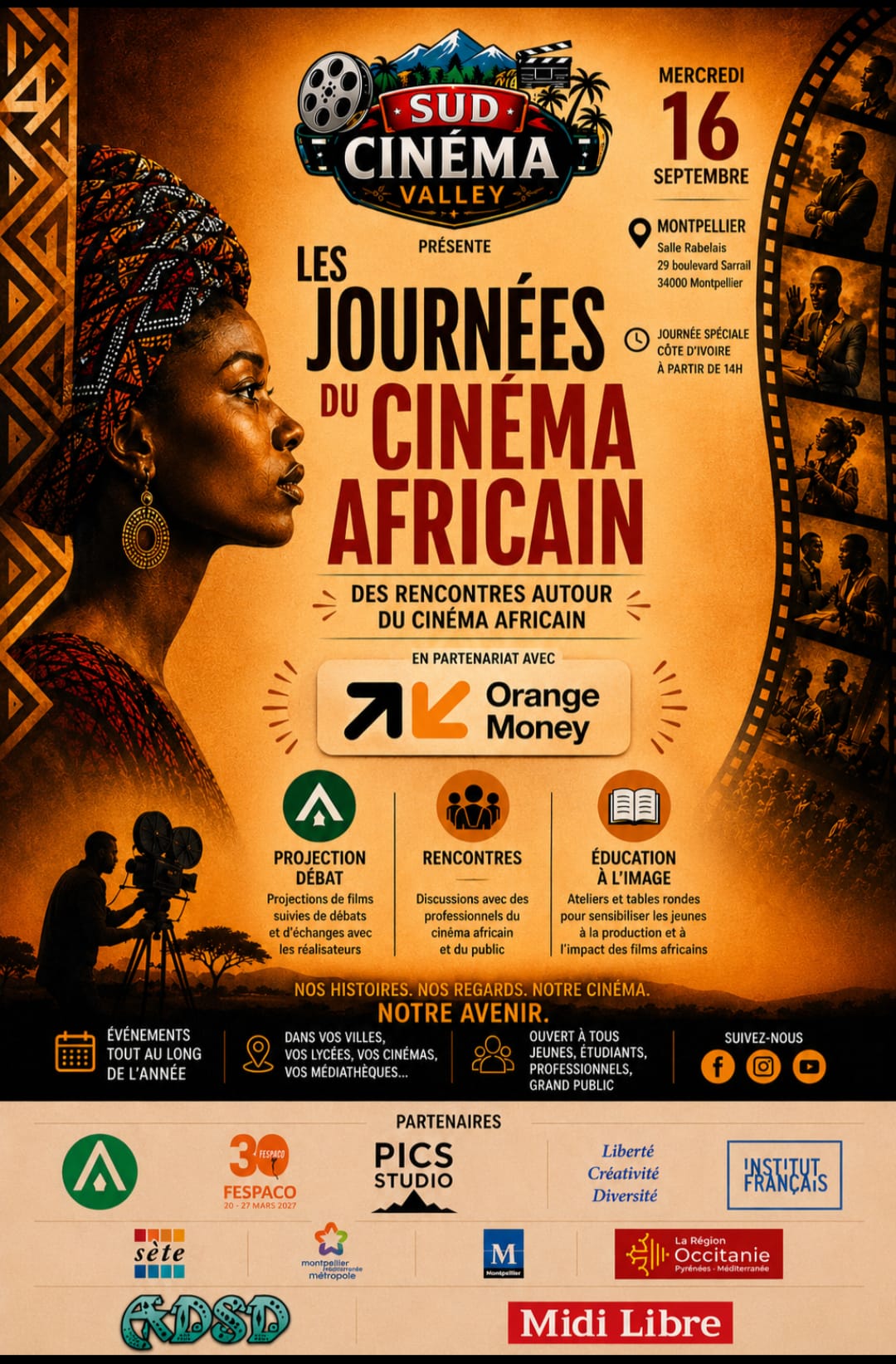 Affiche : Les Journées du Cinéma Africain — Mercredi 16 septembre 2026 – 14h00, Salle Rabelais – Montpellier