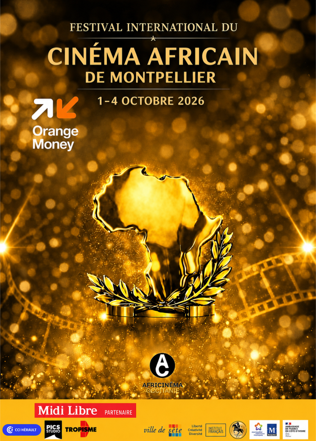 Affiche officielle d'AFRICINÉMA OCCITANIE 2026, Festival International du Cinéma Africain de Montpellier, du 1ᵉʳ au 4 octobre 2026